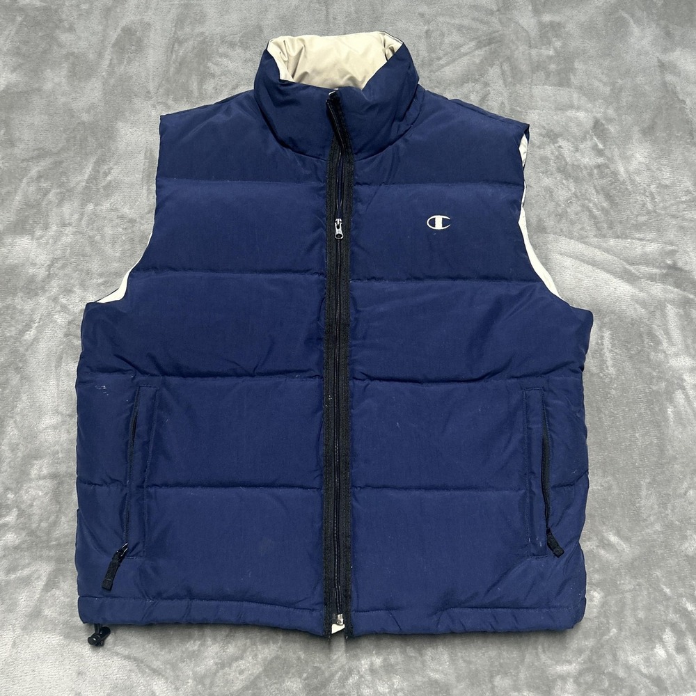 Champion Vest Mens XL Navy Blue Down Puffer Zip Pockets Quilted Logo Vtg y2k
